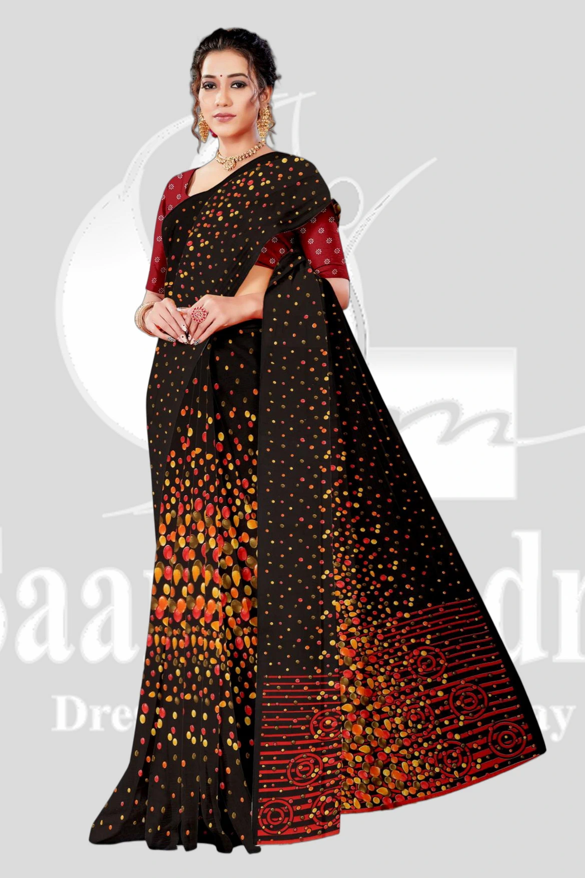Reniyal Printed Saree with Unstitched Blouse &ndash; ALA - Black